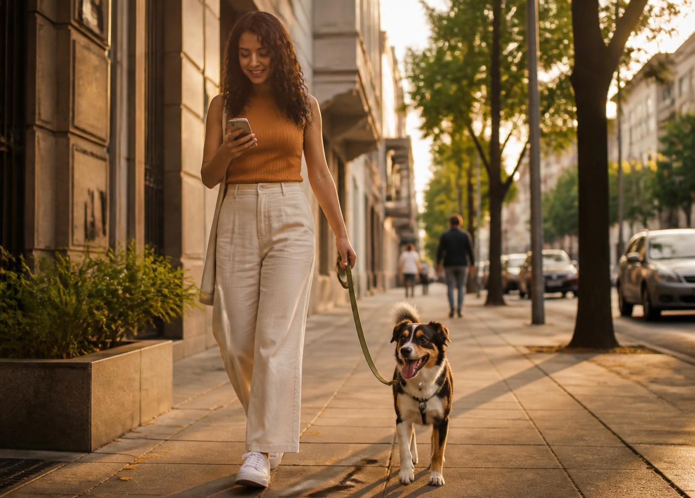 Mujer paseando a su perro por una calle de la ciudad al atardecer