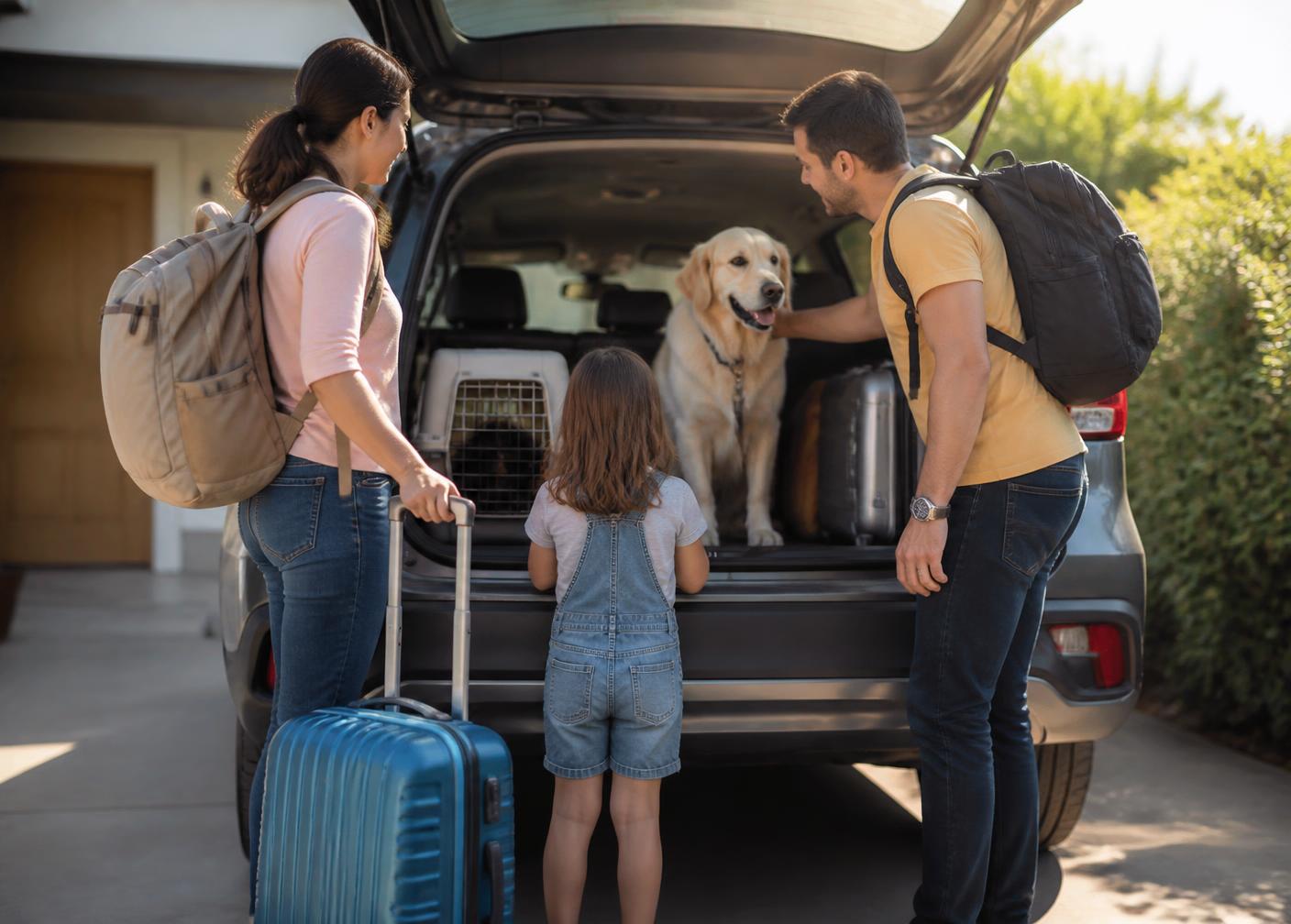 Familia preparando un viaje con su perro