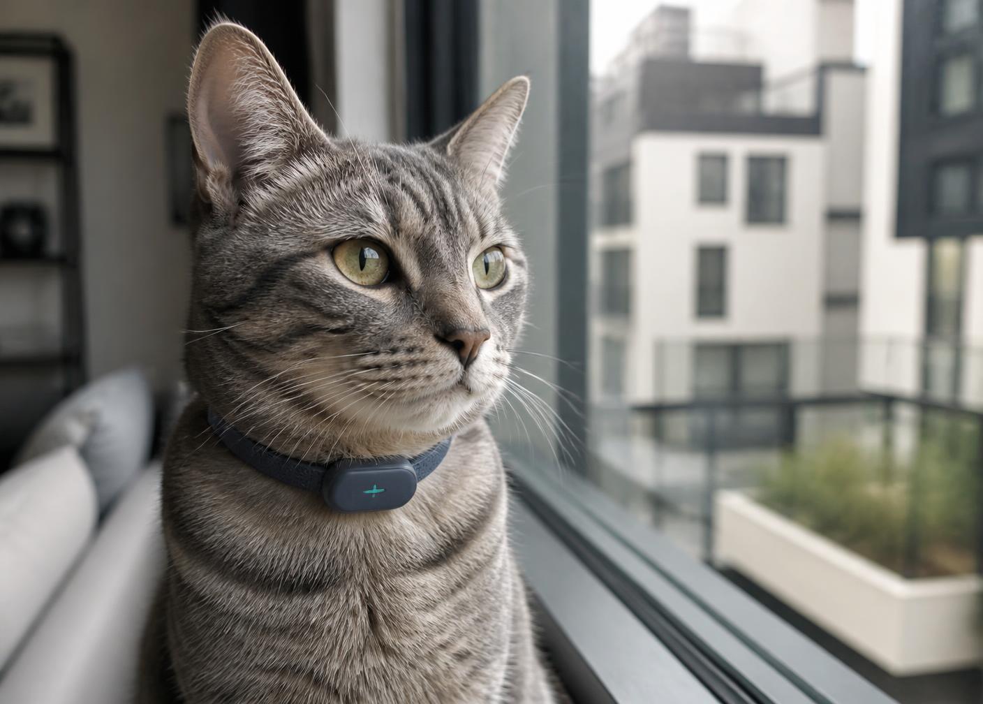 Gato con collar y dispositivo de seguimiento junto a la ventana